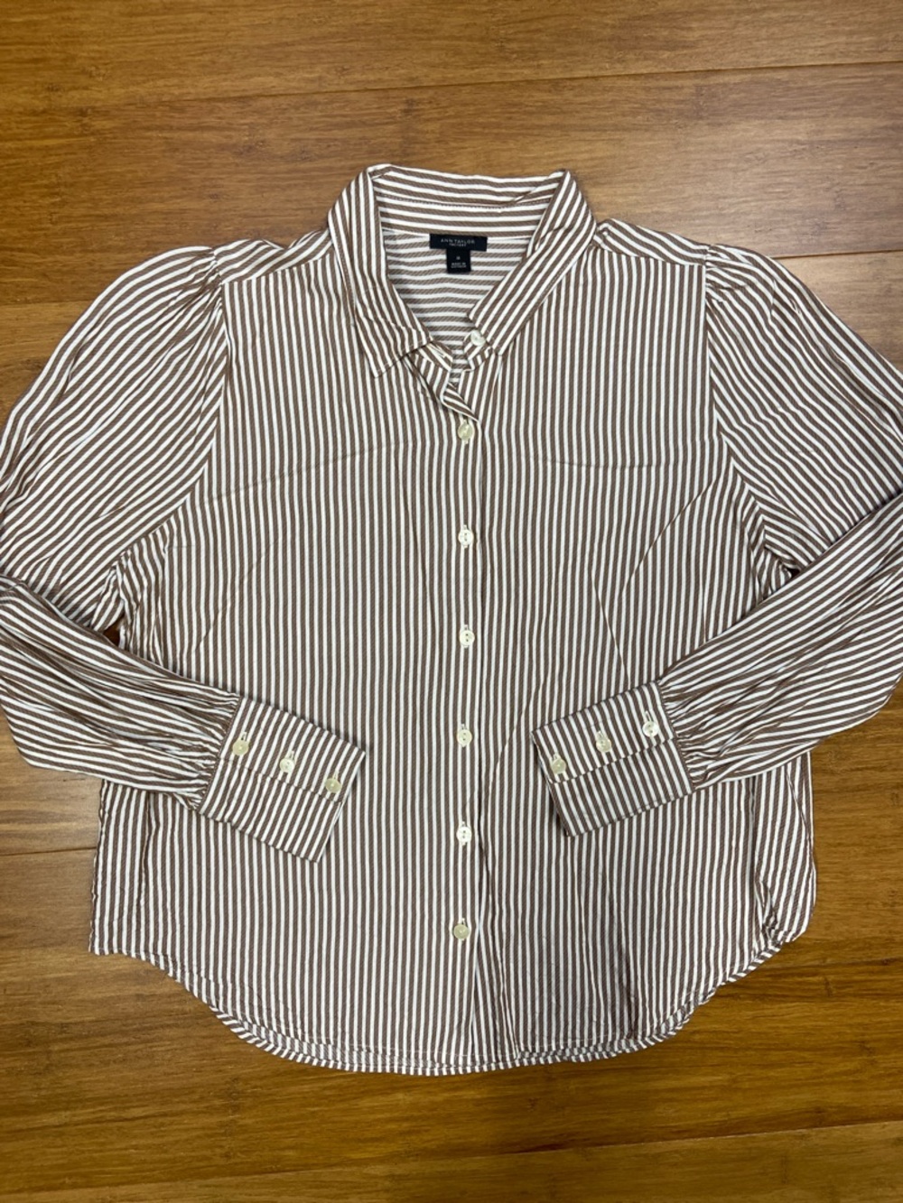 Ann Taylor Striped Button-Down Blouse - Brown & White size Medium